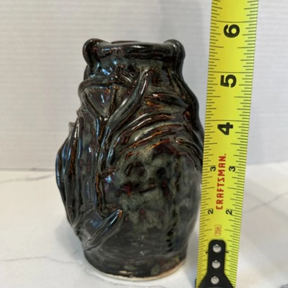 Vtg Handmade Studio Pottery Vase Brown Glaze W/ Decorative Pattern